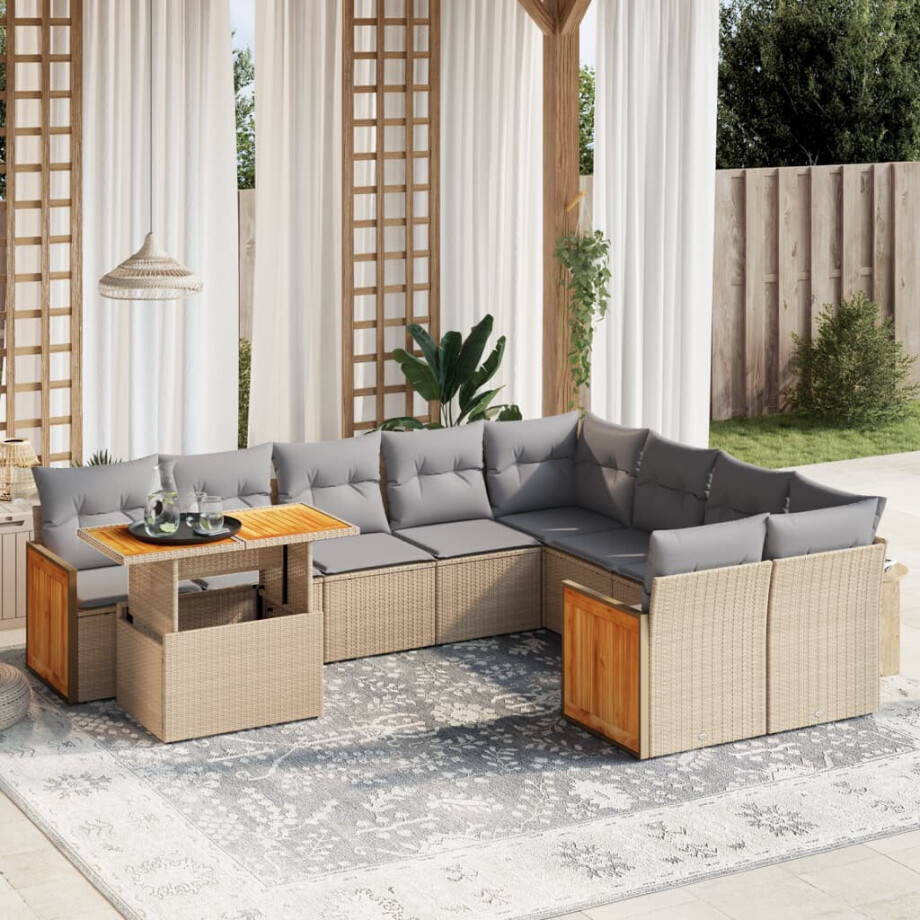 vidaXL 10-delige Loungeset met kussens poly rattan beige afbeelding 1