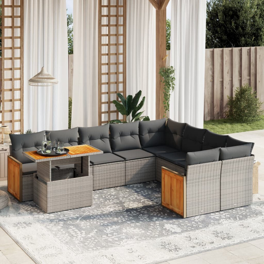 vidaXL 10-delige Loungeset met kussens poly rattan grijs afbeelding 1