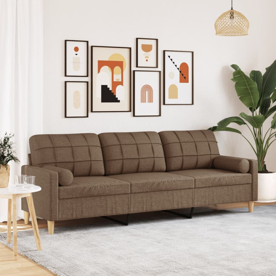 vidaXL Driezitsbank met sierkussens 210 cm stof bruin afbeelding 1
