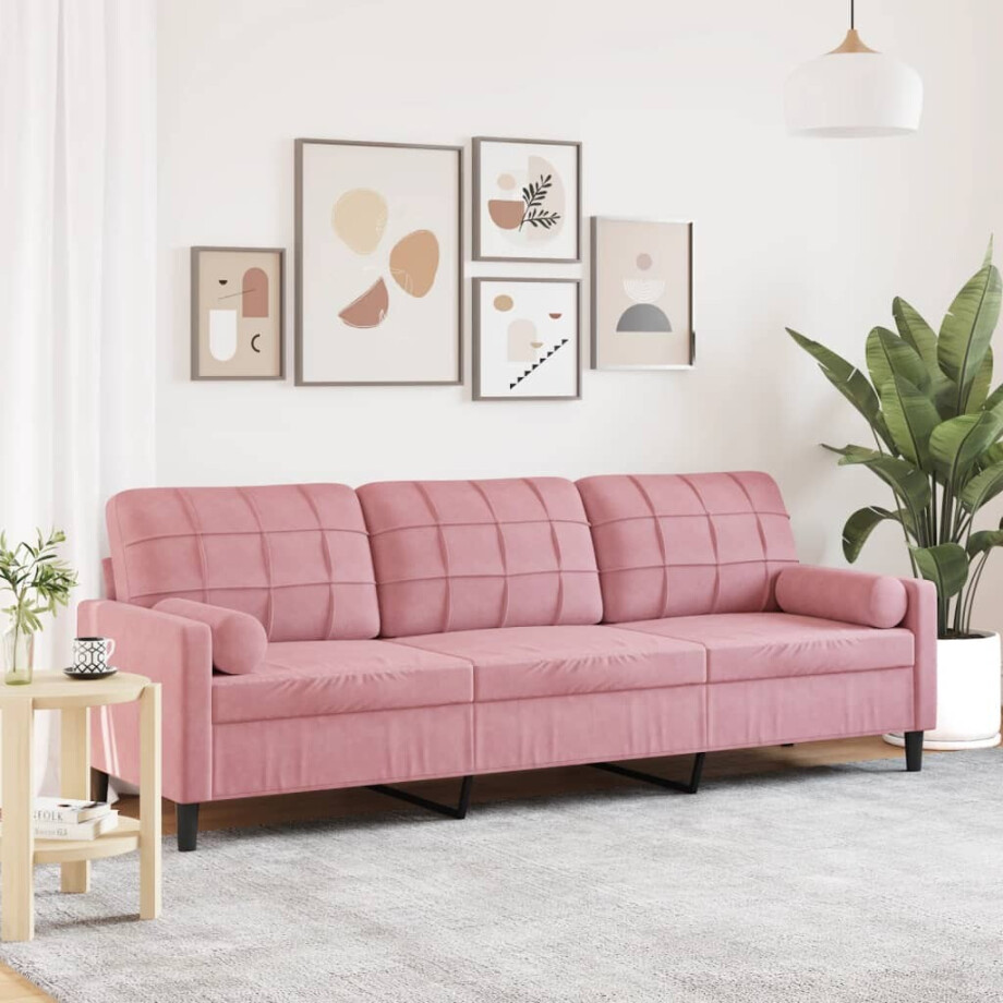 vidaXL 3-zitsbank met sierkussens 210 cm fluweel roze afbeelding 1