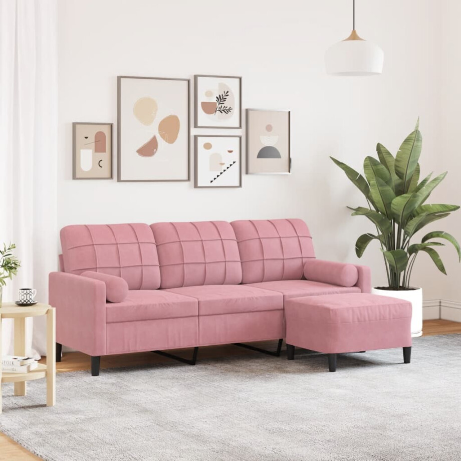 vidaXL Driezitsbank met voetenbank 180 cm fluweel roze afbeelding 1