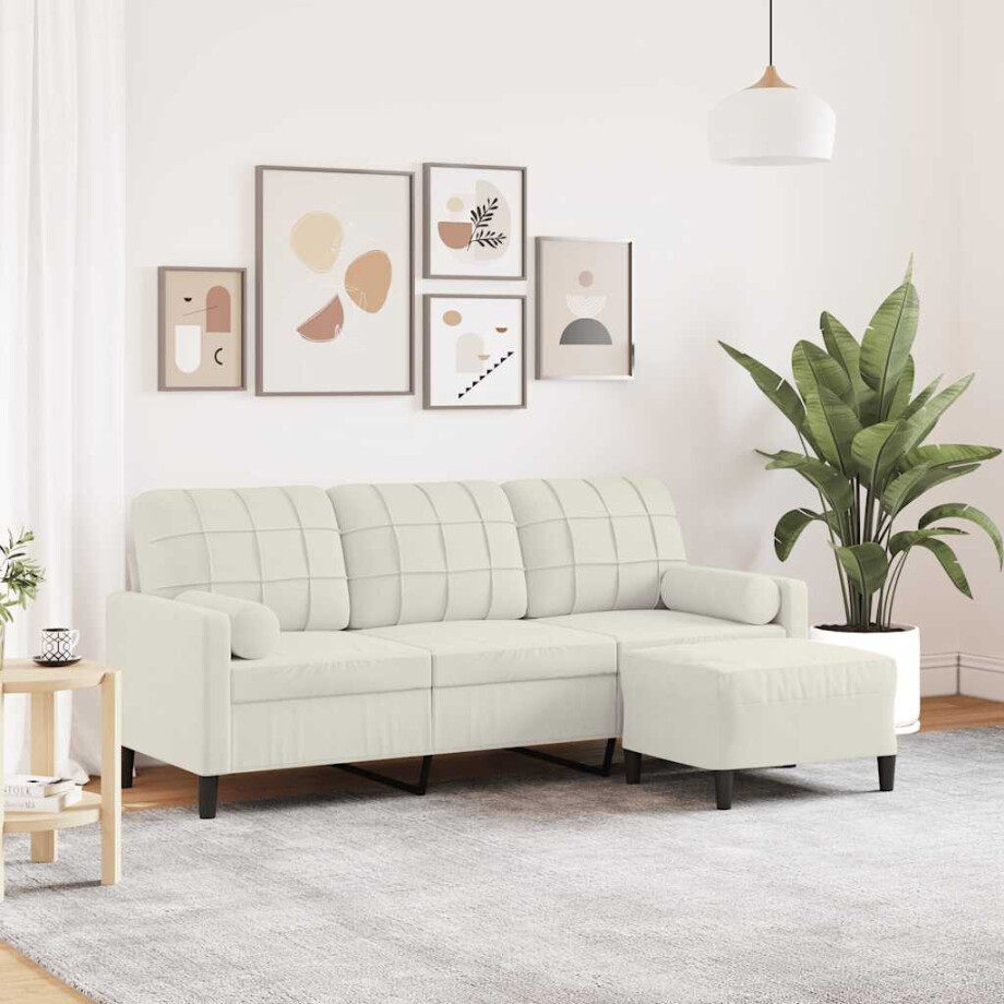 vidaXL Driezitsbank met voetenbank 180 cm fluweel crèmekleurig afbeelding 1