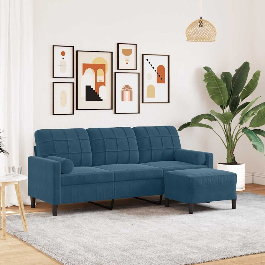 vidaXL Driezitsbank met voetenbank 180 cm fluweel blauw afbeelding 1