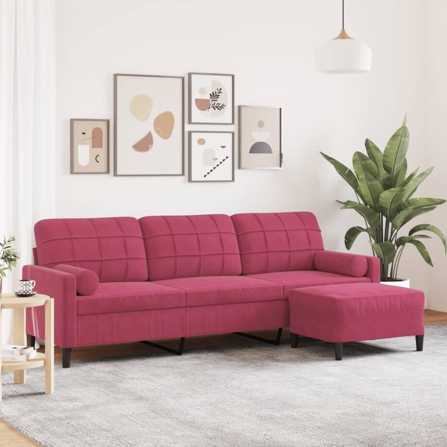 vidaXL Driezitsbank met voetenbank 210 cm fluweel wijnrood afbeelding 1