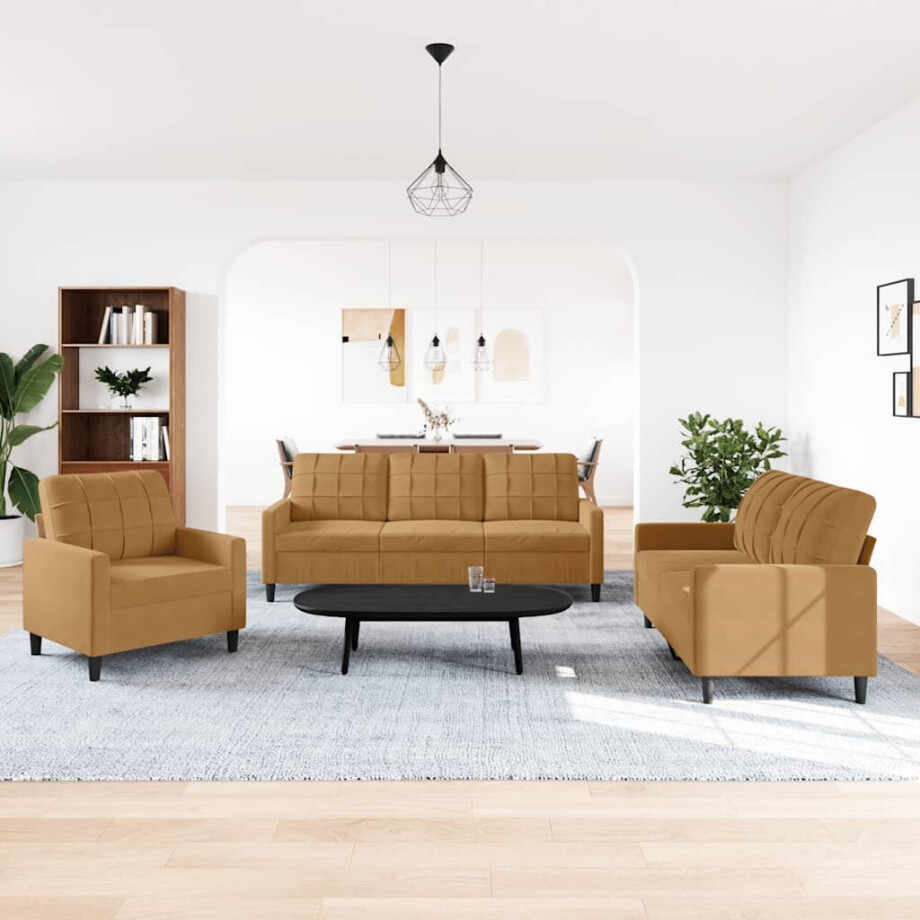 vidaXL 3-delige Loungeset met kussens fluweel bruin afbeelding 1
