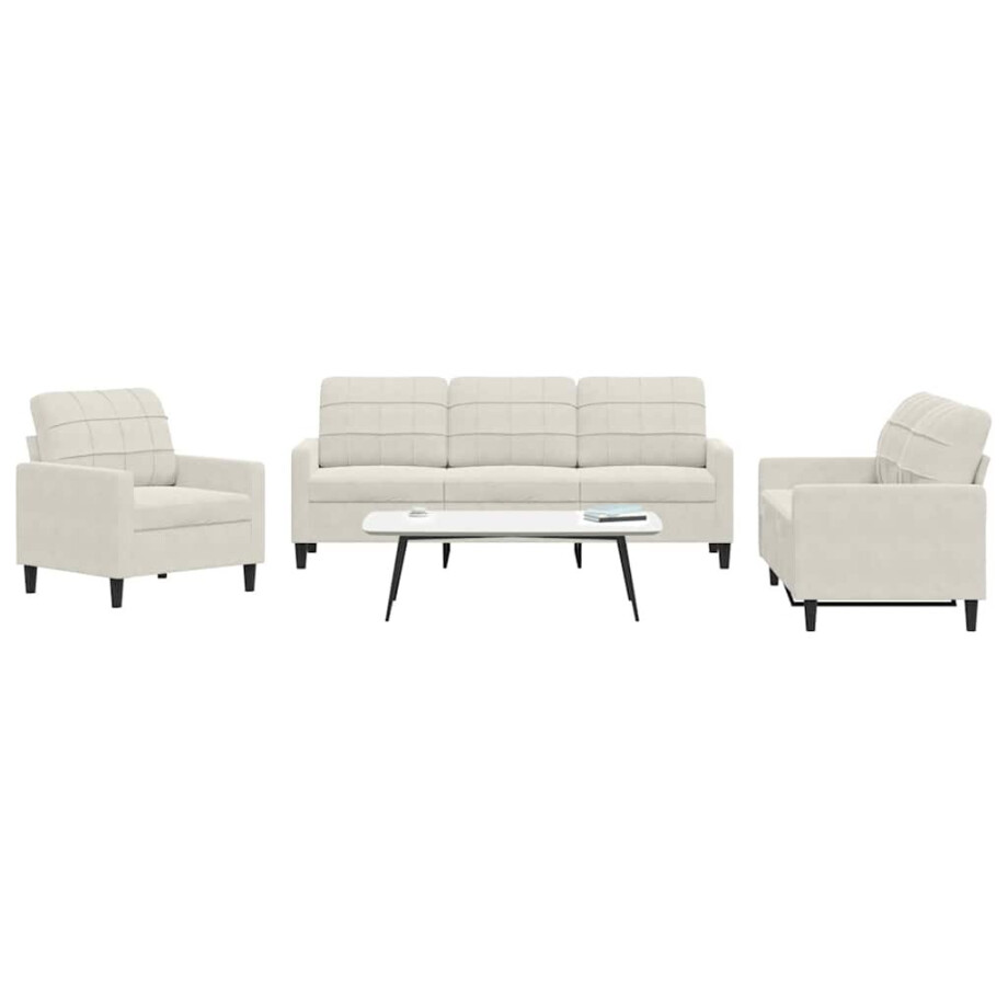 vidaXL 3-delige Loungeset met kussens fluweel crèmekleurig afbeelding 1