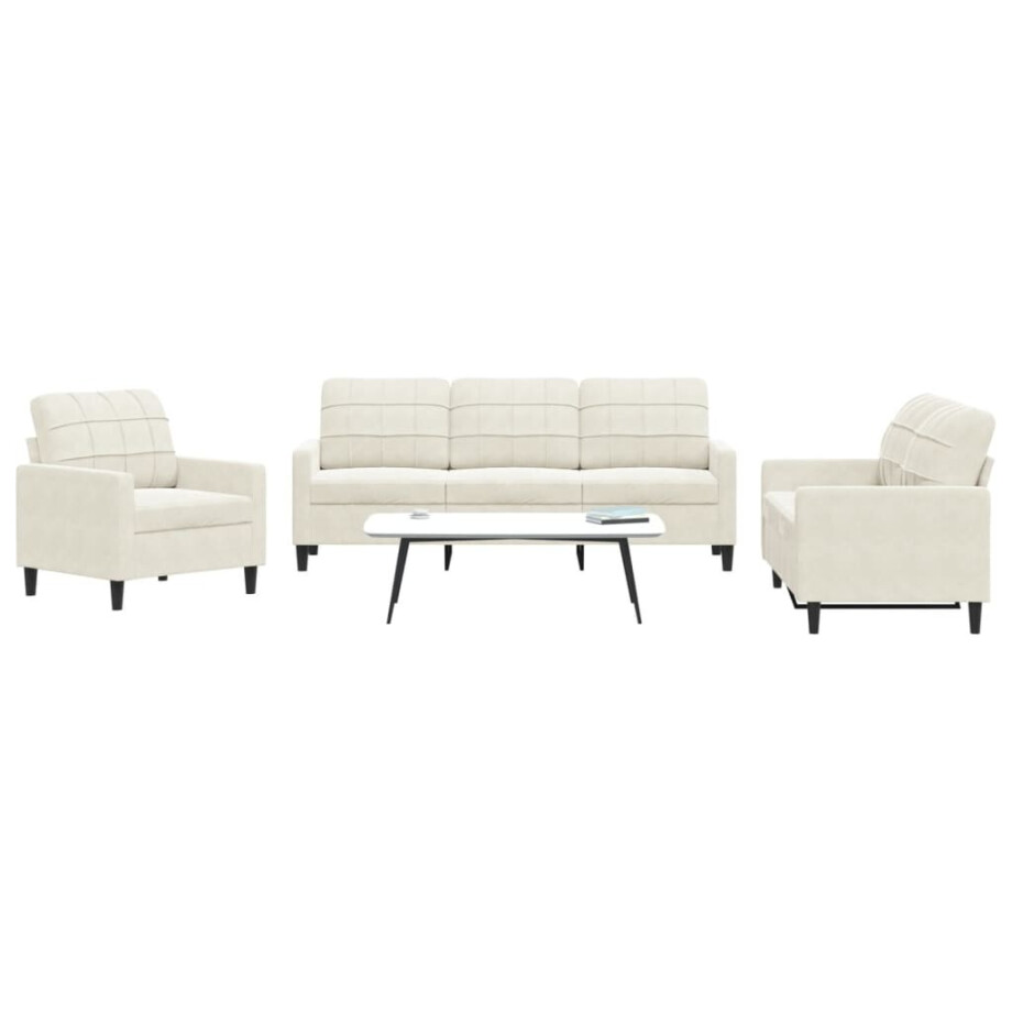 vidaXL 3-delige Loungeset met kussens fluweel crèmekleurig afbeelding 1