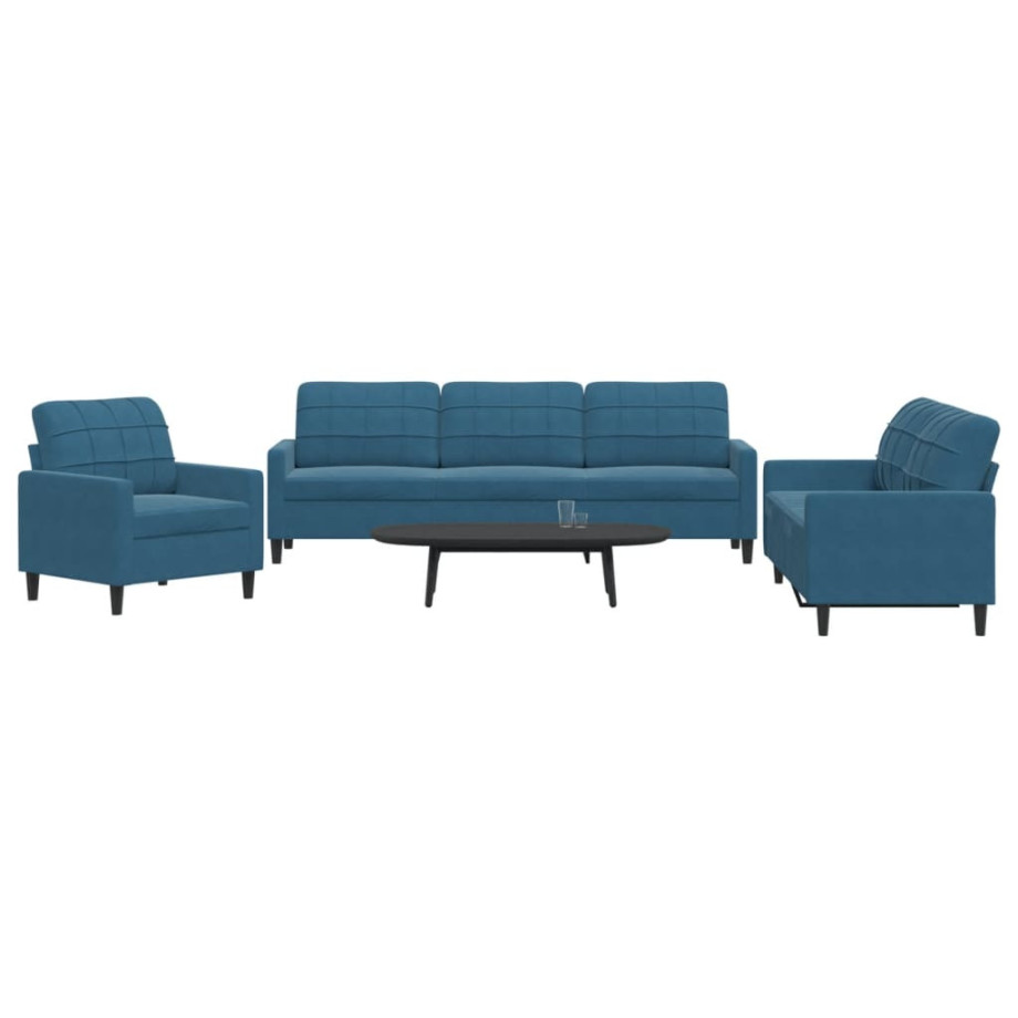 vidaXL 3-delige Loungeset met kussens fluweel blauw afbeelding 1