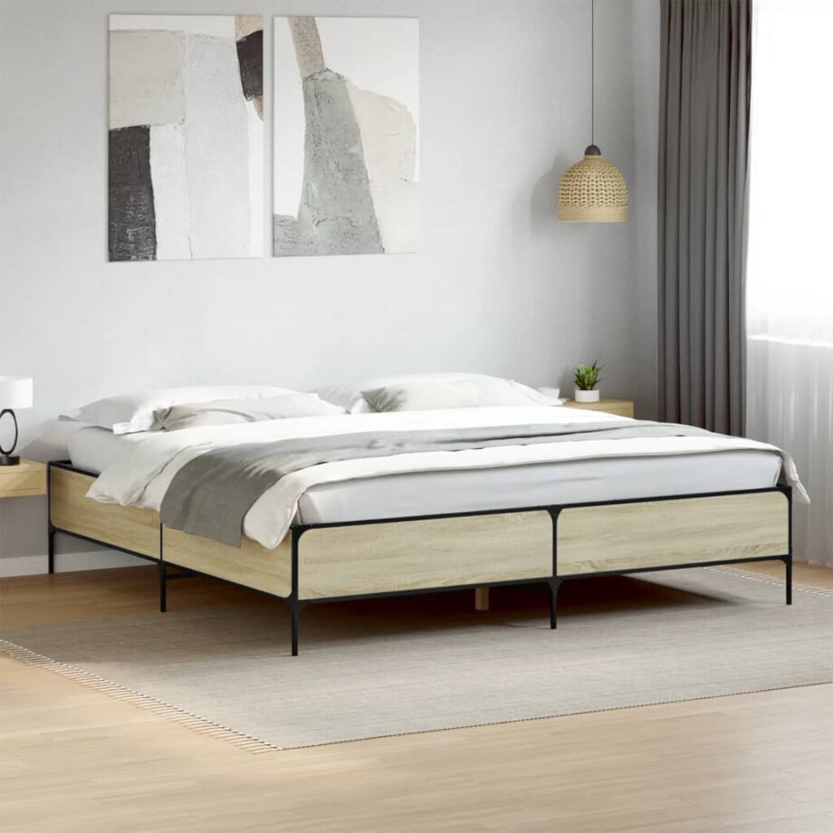 vidaXL Bedframe bewerkt hout metaal sonoma eikenkleurig 200x200 cm vidaXL Bedframe bewerkt hout metaal sonoma eikenkleurig 200x200 cm afbeelding 1