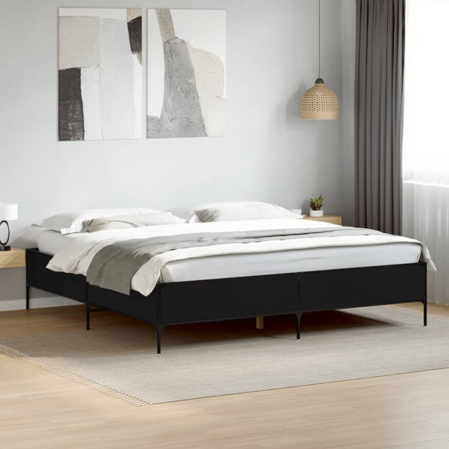 vidaXL Bedframe bewerkt hout metaal zwart 180x200 cm afbeelding 1