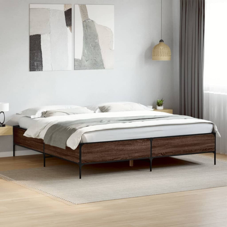vidaXL Bedframe bewerkt hout metaal bruin eikenkleur 180x200 cm afbeelding 1