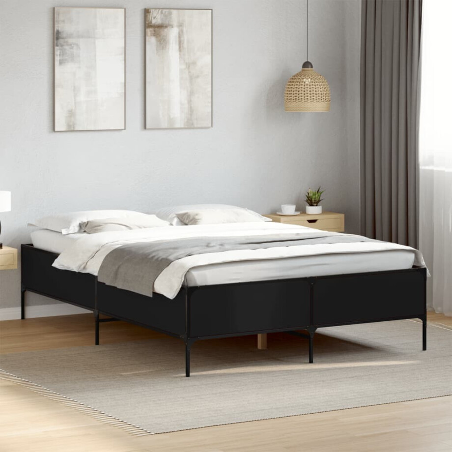 vidaXL Bedframe bewerkt hout metaal zwart 135x190 cm afbeelding 1