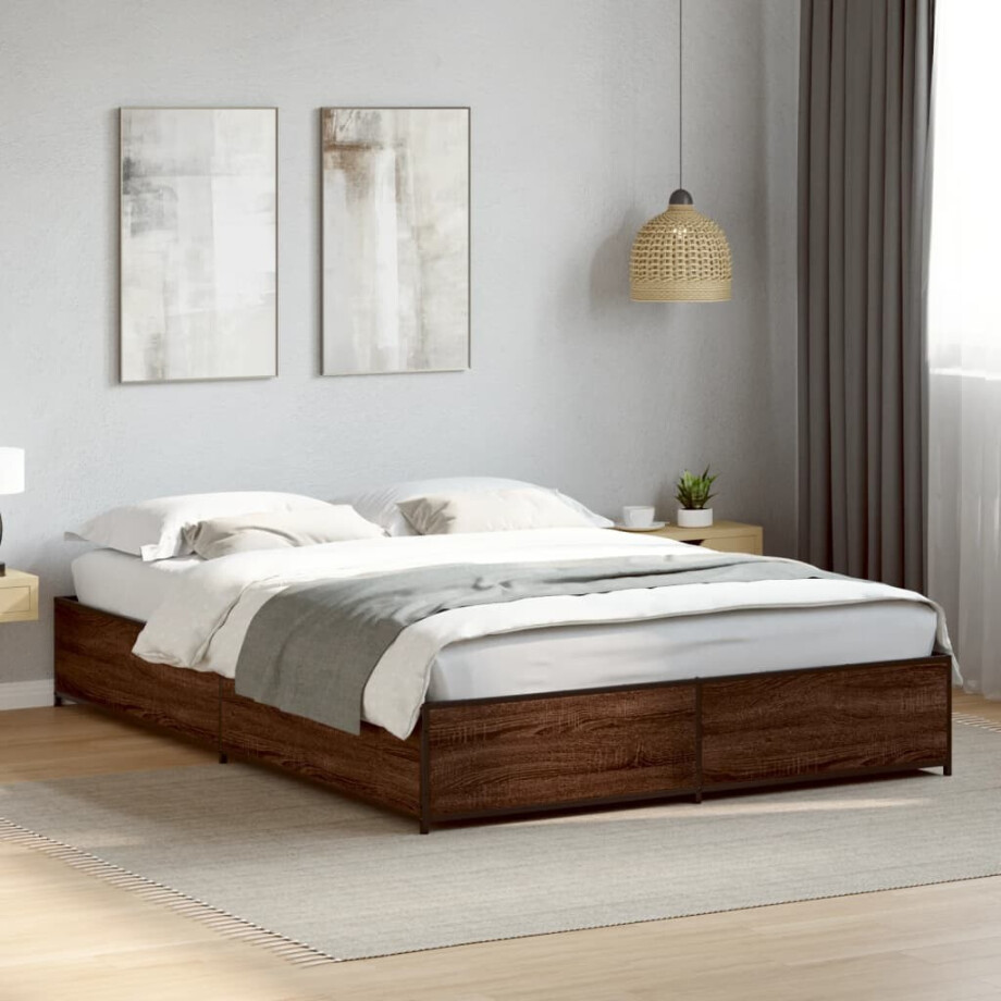 vidaXL Bedframe bewerkt hout metaal bruin eikenkleur 140x190 cm vidaXL Bedframe bewerkt hout metaal bruin eikenkleur 140x190 cm afbeelding 1