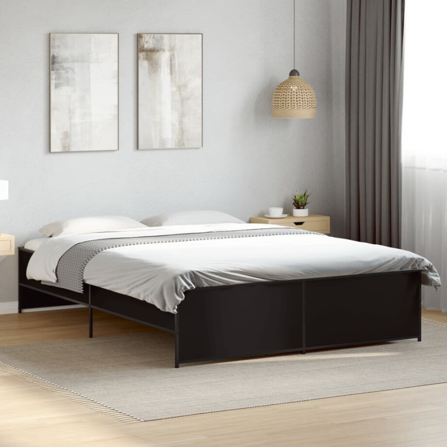 vidaXL Bedframe bewerkt hout metaal zwart 160x200 cm vidaXL Bedframe bewerkt hout metaal zwart 160x200 cm afbeelding 1
