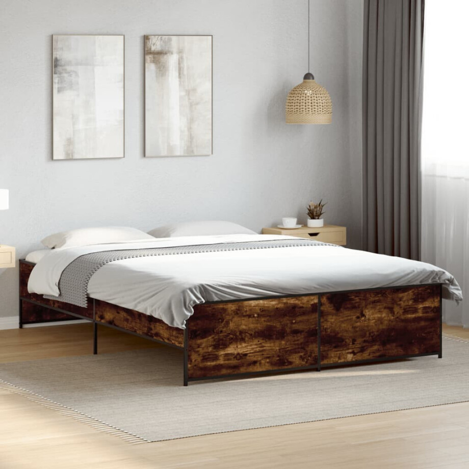vidaXL Bedframe bewerkt hout metaal gerookt eikenkleurig 150x200 cm vidaXL Bedframe bewerkt hout metaal gerookt eikenkleurig 150x200 cm afbeelding 1