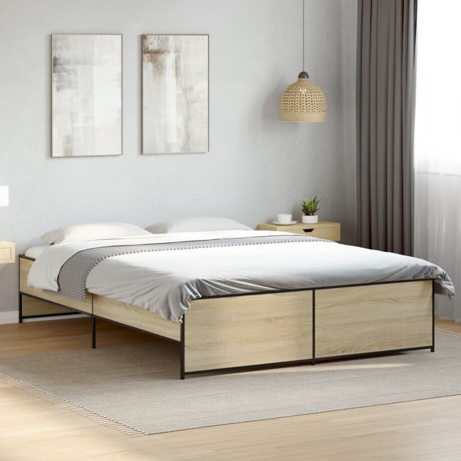 vidaXL Bedframe bewerkt hout metaal sonoma eikenkleurig 140x200 cm vidaXL Bedframe bewerkt hout metaal sonoma eikenkleurig 140x200 cm afbeelding 1