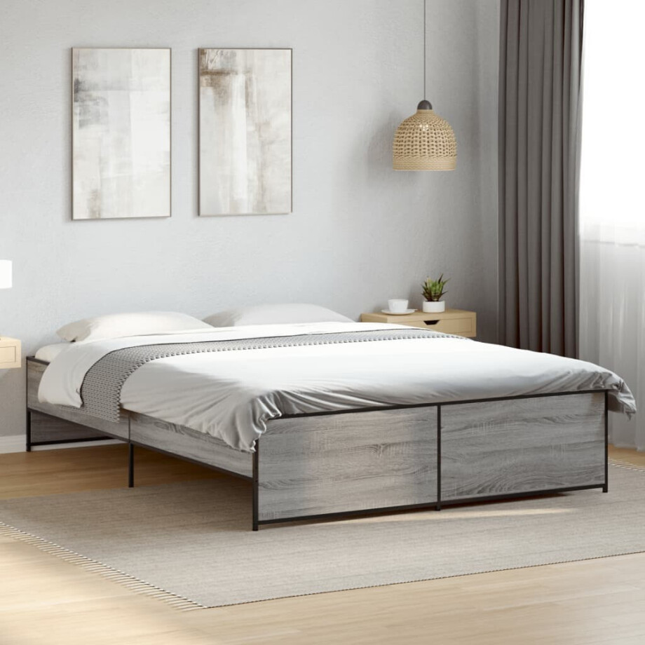 vidaXL Bedframe bewerkt hout metaal grijs sonoma eiken 140x200 cm vidaXL Bedframe bewerkt hout metaal grijs sonoma eiken 140x200 cm afbeelding 1