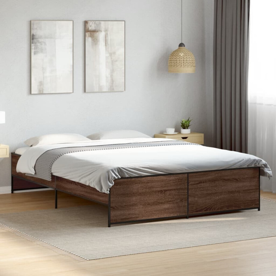 vidaXL Bedframe bewerkt hout metaal bruin eikenkleur 140x200 cm vidaXL Bedframe bewerkt hout metaal bruin eikenkleur 140x200 cm afbeelding 1