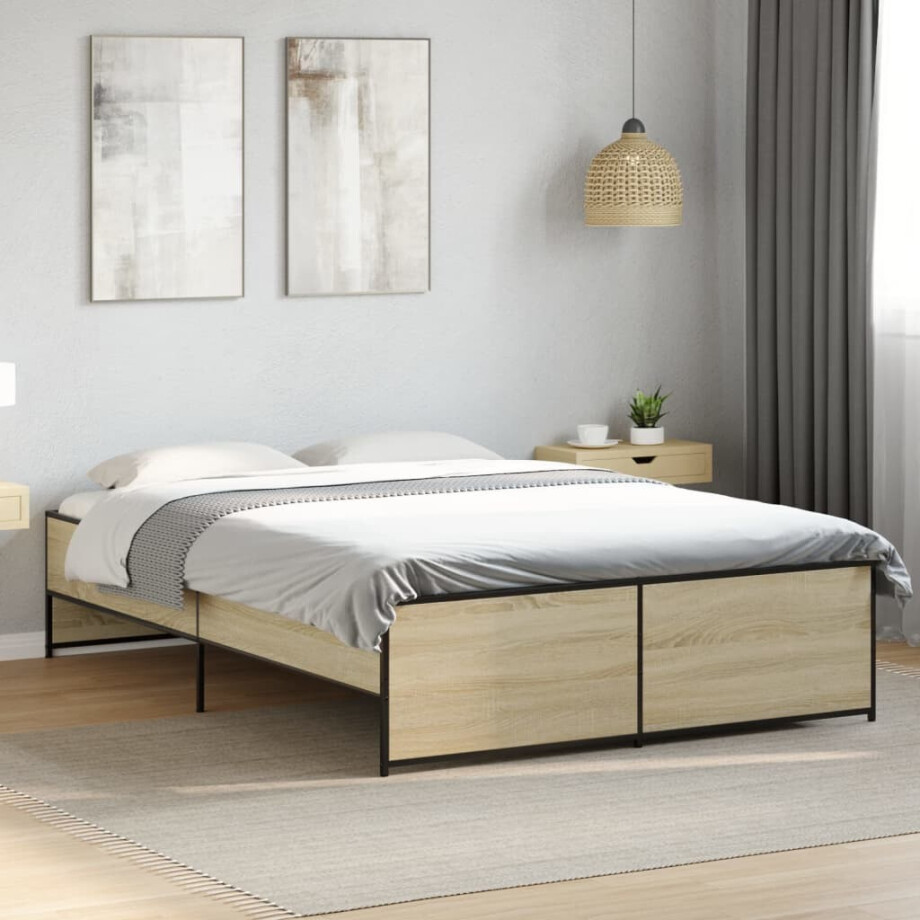 vidaXL Bedframe bewerkt hout metaal sonoma eikenkleurig 90x190 cm afbeelding 1