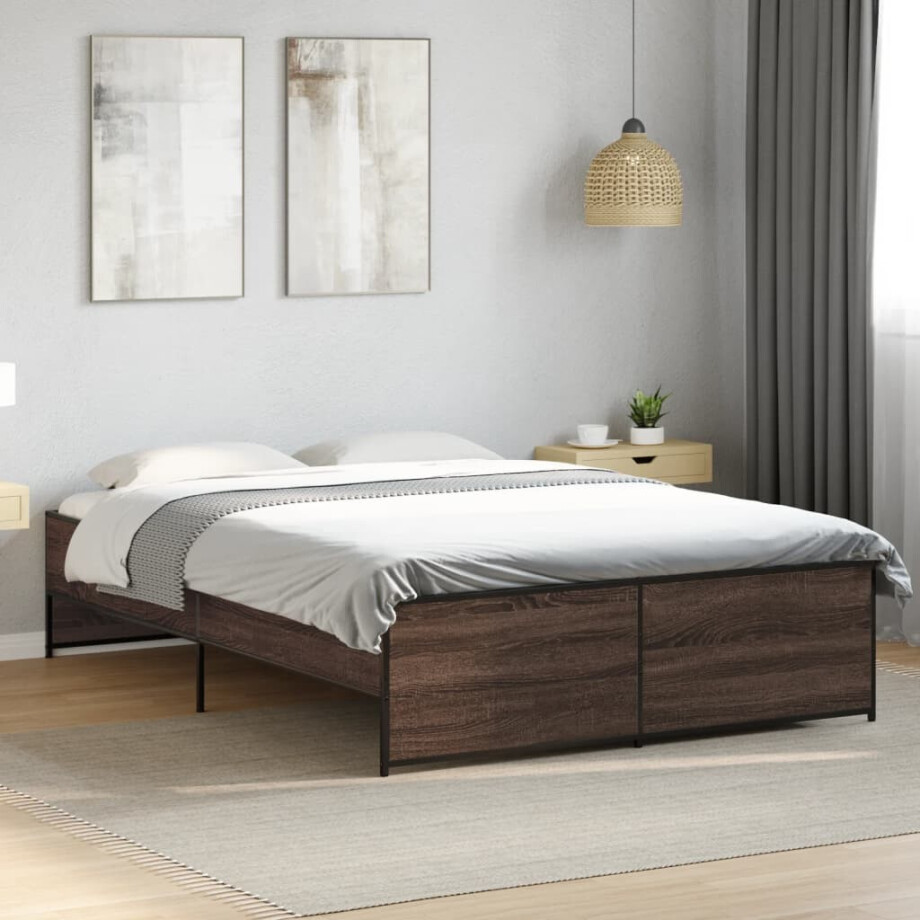 vidaXL Bedframe bewerkt hout metaal bruin eikenkleur 120x190 cm vidaXL Bedframe bewerkt hout metaal bruin eikenkleur 120x190 cm afbeelding 1