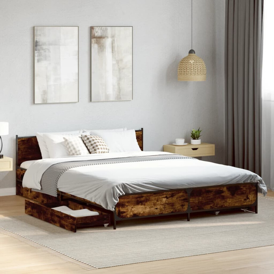 vidaXL Bedframe met lades bewerkt hout gerookt eikenkleurig 135x190 cm vidaXL Bedframe met lades bewerkt hout gerookt eikenkleurig 135x190 cm afbeelding 1