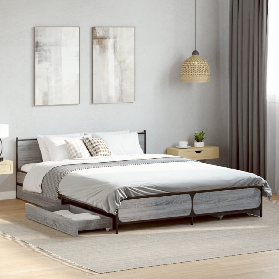 vidaXL Bedframe met lades bewerkt hout grijs sonoma eiken 135x190 cm vidaXL Bedframe met lades bewerkt hout grijs sonoma eiken 135x190 cm afbeelding 1