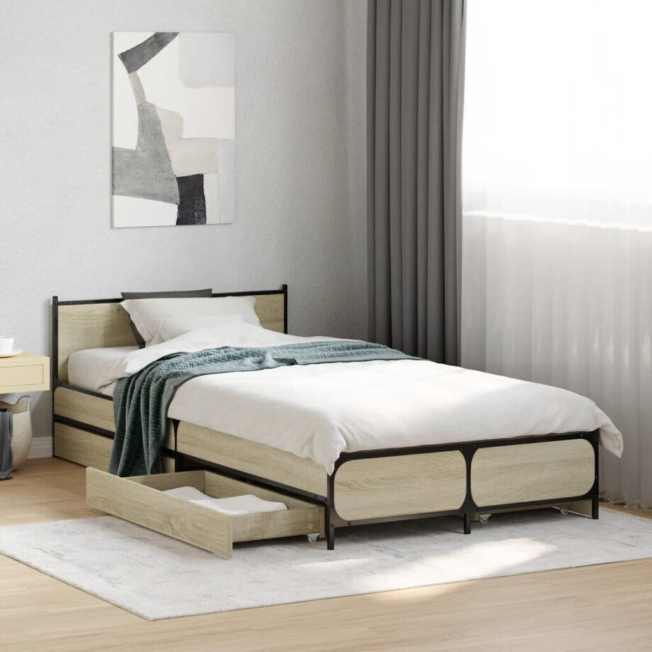 vidaXL Bedframe met lades bewerkt hout sonoma eikenkleurig 75x190 cm vidaXL Bedframe met lades bewerkt hout sonoma eikenkleurig 75x190 cm afbeelding 1