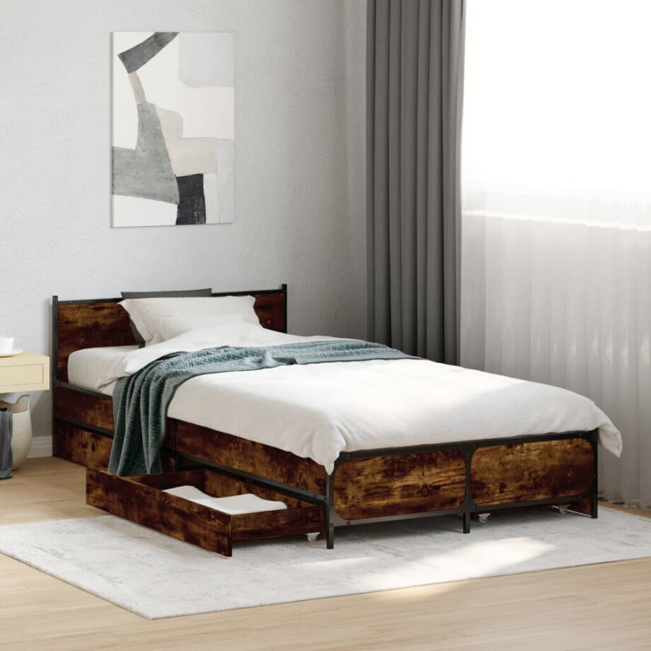 vidaXL Bedframe met lades bewerkt hout gerookt eikenkleurig 75x190 cm afbeelding 1