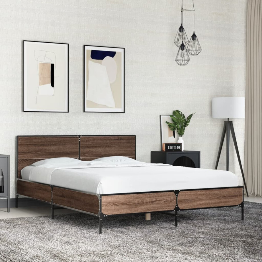 vidaXL Bedframe bewerkt hout metaal bruin eikenkleur 120x200 cm afbeelding 1