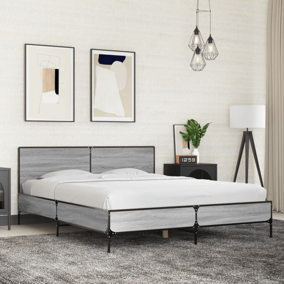 vidaXL Bedframe bewerkt hout metaal grijs sonoma eiken 150x200 cm afbeelding 1