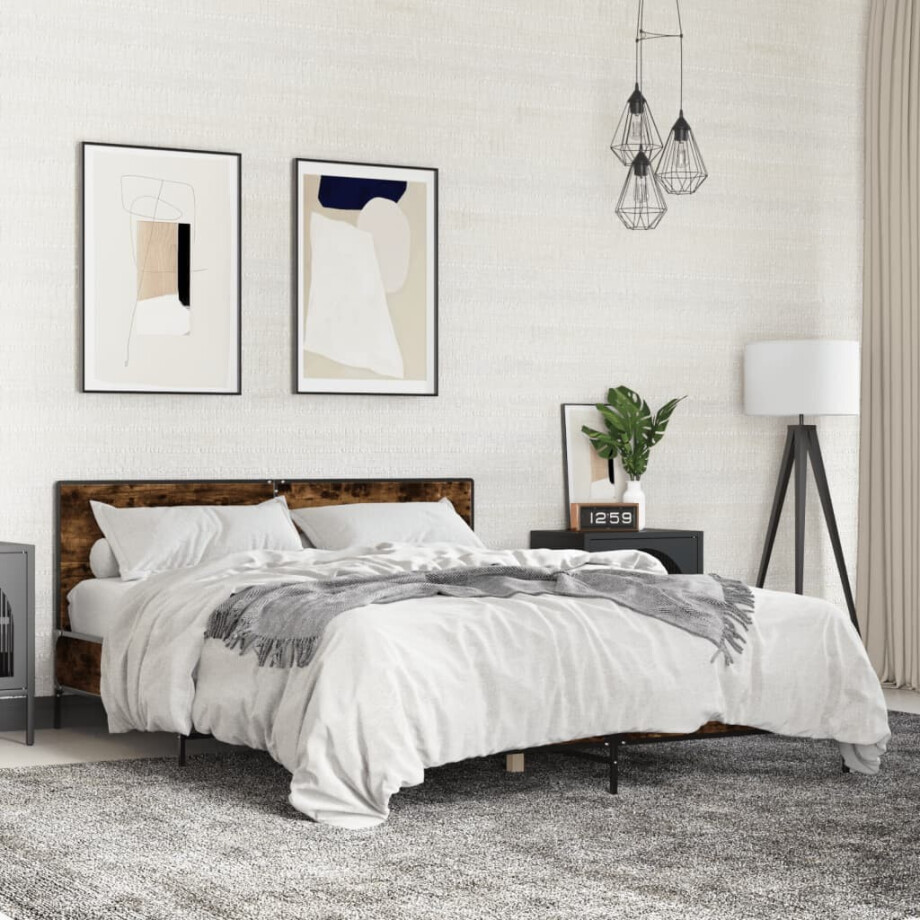 vidaXL Bedframe bewerkt hout metaal gerookt eikenkleurig 160x200 cm vidaXL Bedframe bewerkt hout metaal gerookt eikenkleurig 160x200 cm afbeelding 1