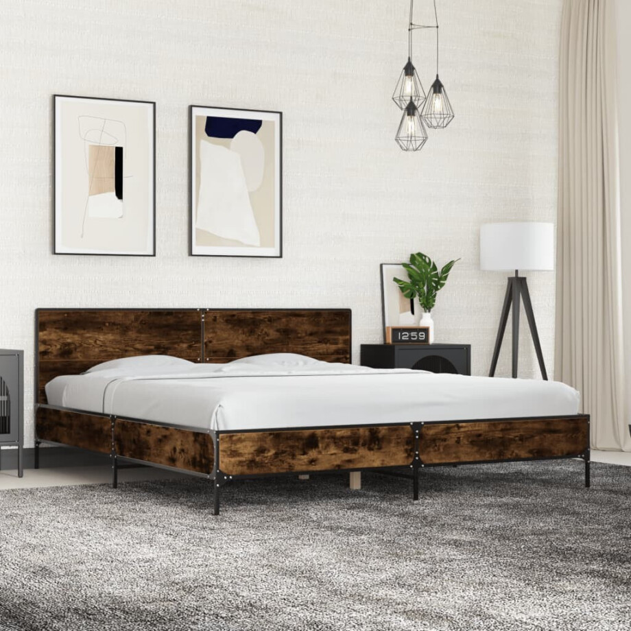 vidaXL Bedframe bewerkt hout metaal gerookt eikenkleurig 180x200 cm vidaXL Bedframe bewerkt hout metaal gerookt eikenkleurig 180x200 cm afbeelding 1