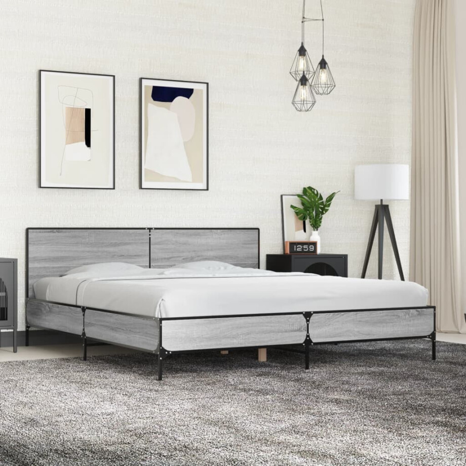 vidaXL Bedframe bewerkt hout metaal grijs sonoma eiken 200x200 cm afbeelding 1