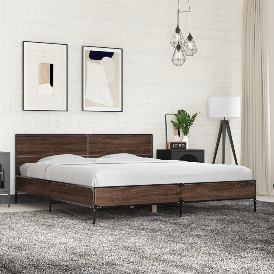 vidaXL Bedframe bewerkt hout metaal bruin eikenkleur 200x200 cm afbeelding 1