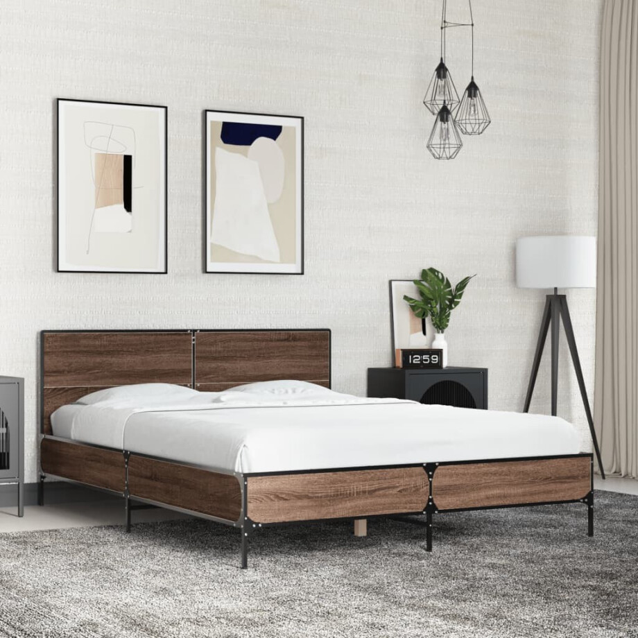 vidaXL Bedframe bewerkt hout metaal bruin eikenkleur 120x190 cm vidaXL Bedframe bewerkt hout metaal bruin eikenkleur 120x190 cm afbeelding 1