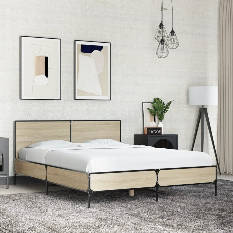 vidaXL Bedframe bewerkt hout metaal sonoma eikenkleurig 90x190 cm afbeelding 1