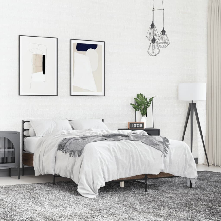 vidaXL Bedframe bewerkt hout metaal bruin eikenkleur 120x200 cm afbeelding 1