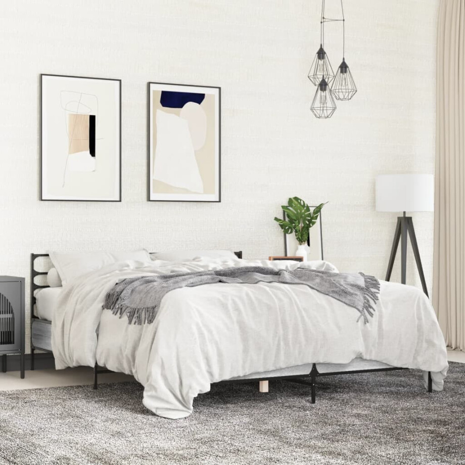 vidaXL Bedframe bewerkt hout metaal grijs sonoma eiken 150x200 cm afbeelding 1