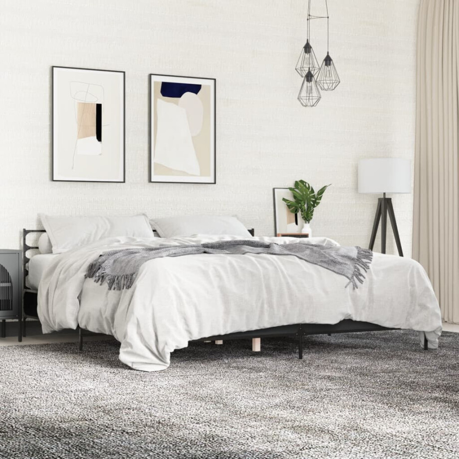 vidaXL Bedframe bewerkt hout metaal zwart 200x200 cm afbeelding 1