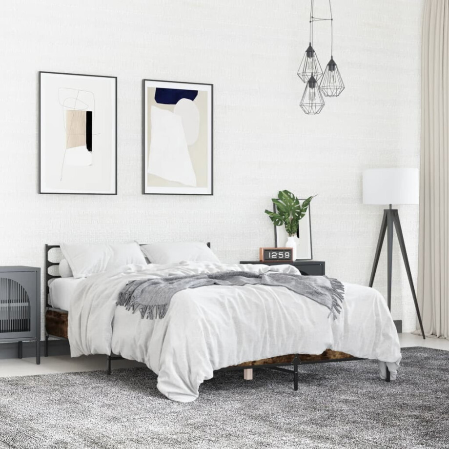 vidaXL Bedframe bewerkt hout metaal gerookt eikenkleurig 120x190 cm vidaXL Bedframe bewerkt hout metaal gerookt eikenkleurig 120x190 cm afbeelding 1