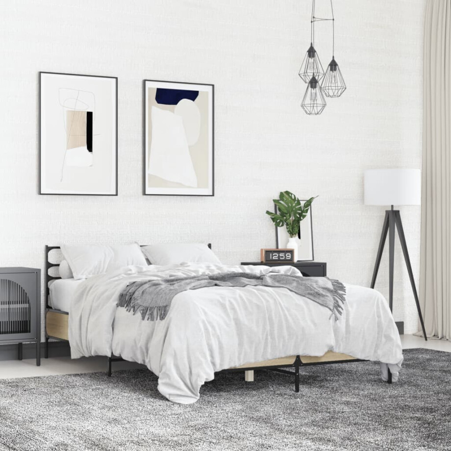 vidaXL Bedframe bewerkt hout metaal sonoma eikenkleurig 90x190 cm afbeelding 1