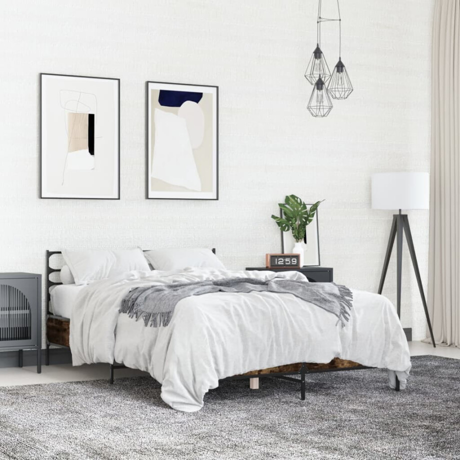 vidaXL Bedframe bewerkt hout metaal gerookt eikenkleurig 140x190 cm afbeelding 1