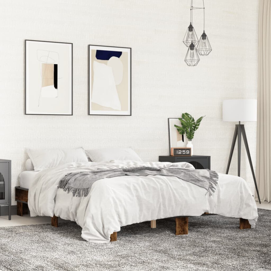 vidaXL Bedframe bewerkt hout metaal gerookt eikenkleurig 150x200 cm vidaXL Bedframe bewerkt hout metaal gerookt eikenkleurig 150x200 cm afbeelding 1