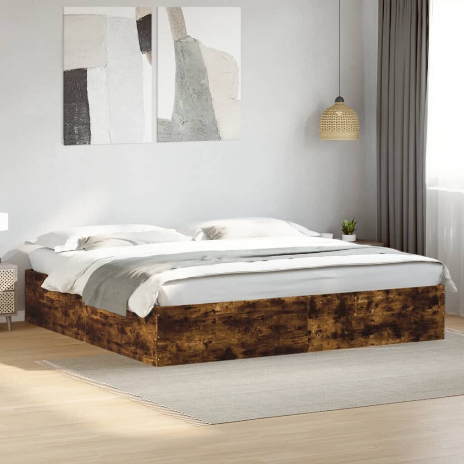 vidaXL Bedframe bewerkt hout gerookt eikenkleurig 200x200 cm vidaXL Bedframe bewerkt hout gerookt eikenkleurig 200x200 cm afbeelding 1