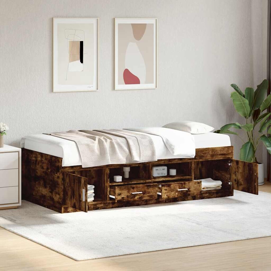 vidaXL Slaapbank met lades zonder matras 90x190 cm gerookt eikenkleur vidaXL Slaapbank met lades zonder matras 90x190 cm gerookt eikenkleur afbeelding 1