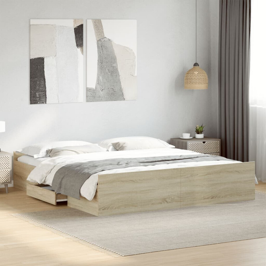 vidaXL Bedframe met lades bewerkt hout sonoma eikenkleurig 200x200 cm afbeelding 1