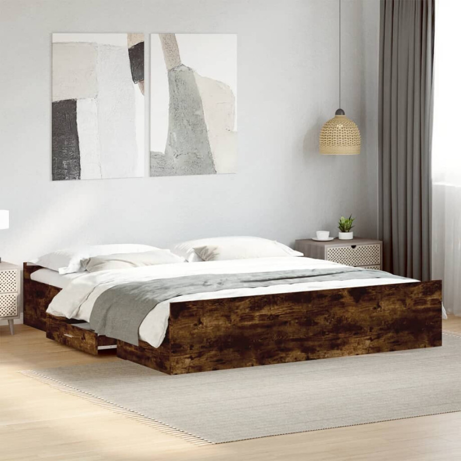 vidaXL Bedframe met lades bewerkt hout gerookt eikenkleurig 200x200 cm vidaXL Bedframe met lades bewerkt hout gerookt eikenkleurig 200x200 cm afbeelding 1