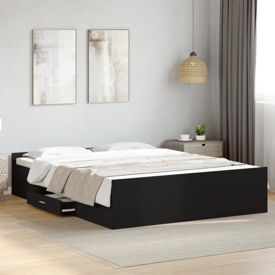 vidaXL Bedframe met lades bewerkt hout zwart 160x200 cm vidaXL Bedframe met lades bewerkt hout zwart 160x200 cm afbeelding 1