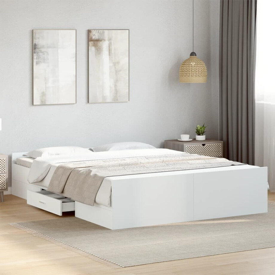 vidaXL Bedframe met lades bewerkt hout wit 150x200 cm afbeelding 1