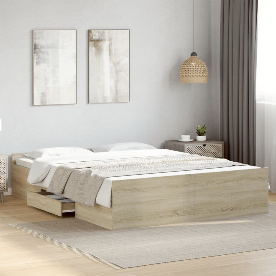 vidaXL Bedframe met lades bewerkt hout sonoma eikenkleurig 150x200 cm afbeelding 1